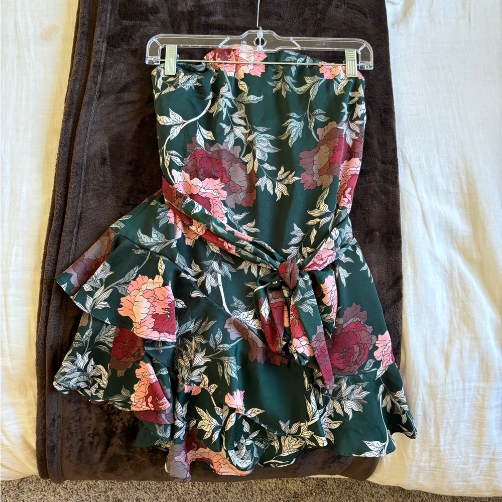 Hello Molly dark green floral print strapless dress.